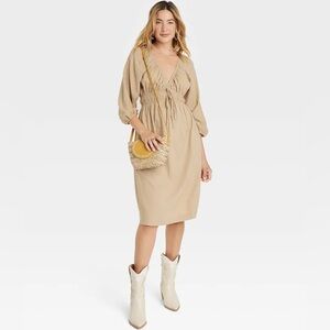 Universal Thread Tie Front Puff 3/4 Sleeve Tan Women's Midi Dress Linen